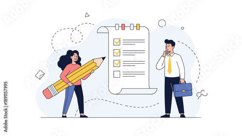 Business teamwork for task management showing woman with giant pencil and man analyzing check boxes on long paper document.