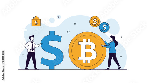 Business colleagues comparing a large blue dollar sign with a giant golden bitcoin coin, depicting the dialogue between traditional currency and cryptocurrency.