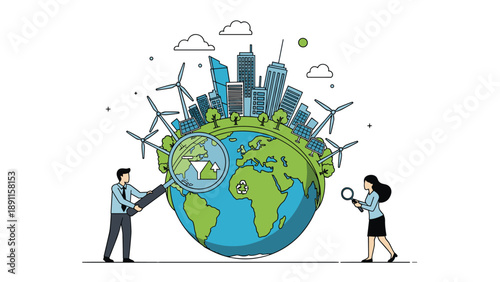 Environmental researchers using magnifying glasses to examine a green earth globe powered by wind turbines and solar panels, focusing on global sustainable energy.