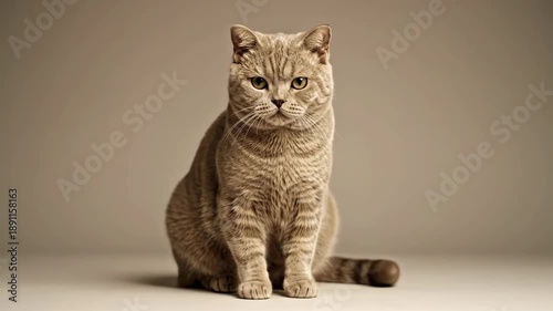 Close-up studio portrait of a British Shorthair cat sitting calmly and looking directly at the camera against a seamless neutral beige background.
