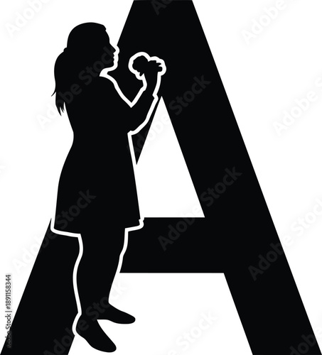 Silhouette of woman standing with large capital letter A. Typography alphabet concept vector illustration.