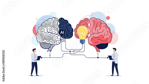 Two professionals using tablets connected to a artificial intelligence circuit brain and a human creative brain, depicting the merger of technology and mind.