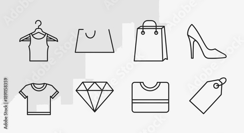 Outlined shopping icons representing fashion apparel accessories and commerce concepts