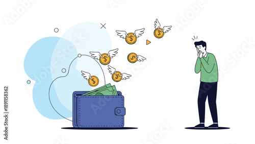 Shocked man watching gold coins with wings fly away from his blue wallet, representing financial loss or high expenses in a modern flat illustration.