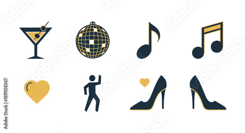 Party icons disco ball cocktail musical notes heart dancing figure