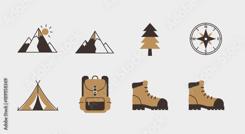 Outdoor adventure icons mountain backpack compass tent and hiking boots