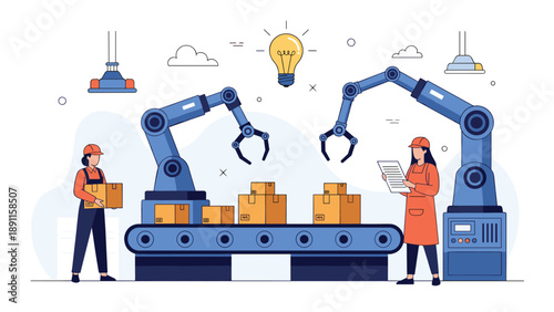 Two industrial workers monitoring automated robotic arms on a factory conveyor belt under a lit light bulb, symbolizing smart manufacturing and efficiency.