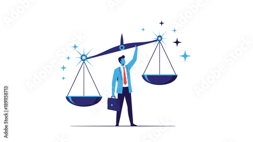 Determined businessman holding up a large blue balance scale decorated with sparkling stars, symbolizing his commitment to justice and fair dealings.