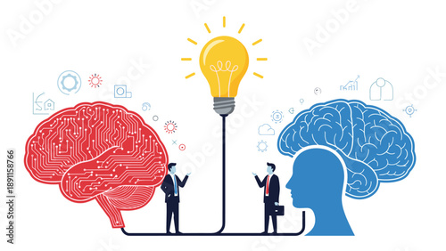 Two business associates discussing new ideas between a circuit-style brain and a human silhouette mind connected to a central glowing light bulb.