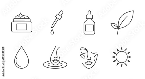 Skincare icon set line art illustrations of beauty products and elements
