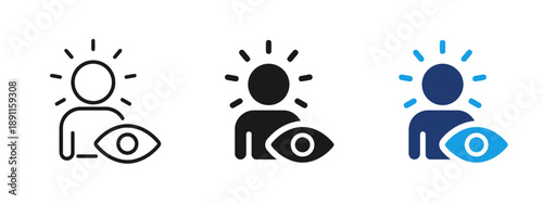 Person icon with shining sun above and eye symbol in front representing vision perception awareness and insight in outline solid black and blue color versions vector