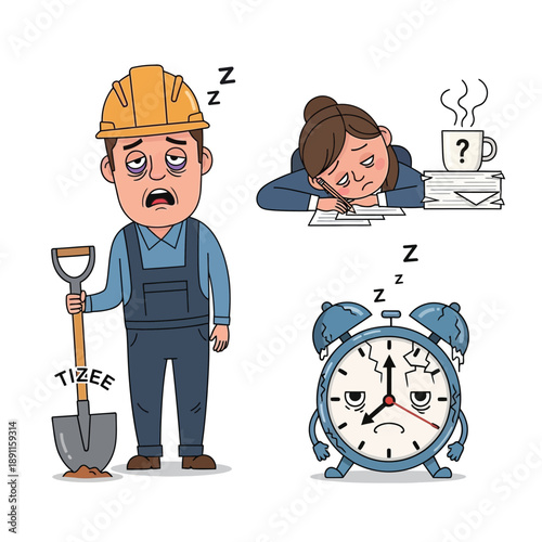 Illustration depicting various forms of exhaustion and sleep deprivation, including a tired construction worker, an overworked office employee, and a broken, sleepy alarm clock.