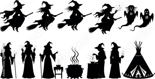 Black Halloween silhouette set of flying witches, spooky ghosts, magic cauldrons, and sorceress casting spells isolated vector illustrations.