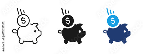 Piggy bank with falling coin and dollar sign icon in outline solid black and blue color variations representing saving money concept