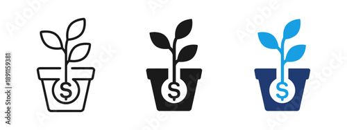 Plant growing in pot with dollar coin, symbolizing investment growth and financial return, outline and filled versions.