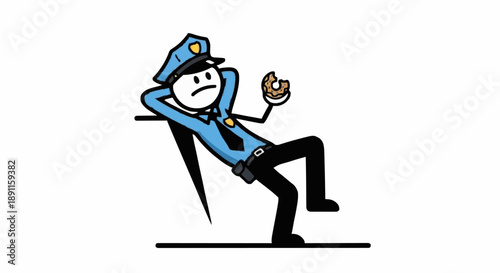 Cartoon Police Officer Relaxing Eating Donut.