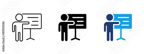 Presentation icon set demonstrating teaching training or business meeting with speaker pointing at board displaying data or information in outline filled black and color.
