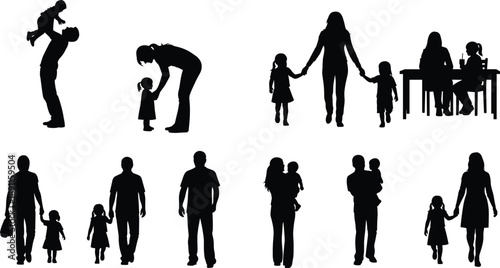 Family silhouettes set showing parents and children bonding walking playing and daily life scenes isolated on white background for parenting lifestyle concept illustration