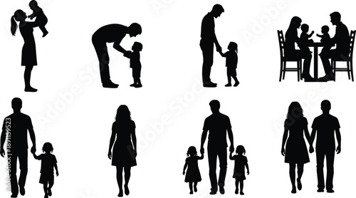 Family silhouettes collection showing parents and children bonding holding hands dining and walking together isolated on white background for parenting love lifestyle concept illustration