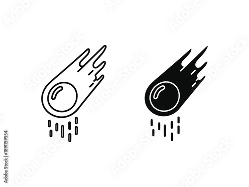 Minimalist Comet or Meteor Flying Through Space Icon - Outline and Solid Glyphs Vector Illustration.