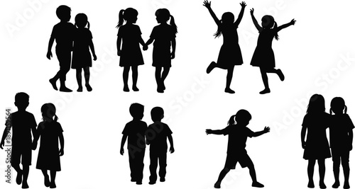 Black silhouettes of happy children playing jumping and holding hands including boys and girls in various joyful childhood poses isolated on white background