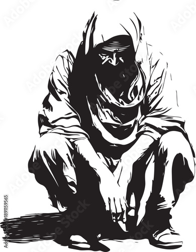 vector illustration of a male beggar in shabby clothes