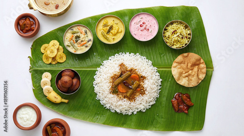 Onam Sadya. Traditional Kerala Onam Sadya Feast Served on Banana Leaf with Rice and Vegetarian Dishes, kerala food, Kerala, india
