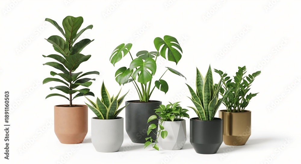 Fototapeta premium Collection of diverse houseplants in modern pots isolated on a clean white background perfect for interior design home decor or gardening concepts