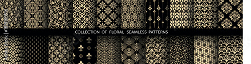 Geometric floral set of seamless patterns. Golden and black vector backgrounds. Damask graphic ornaments