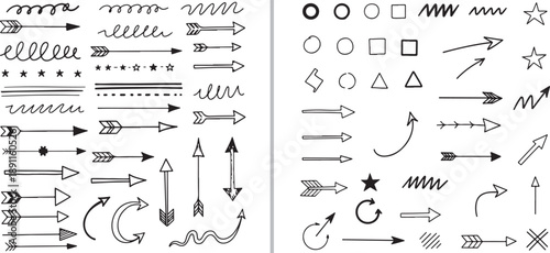 A collection of diverse hand-drawn black vector elements. Features expressive thick ink brush strokes on the left and various textured, scribbled hatch patterns on the right.