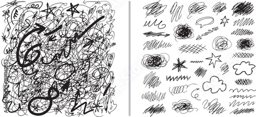 A comprehensive set of black hand-drawn vector elements including arrows, stars, speech bubbles, and chaotic scribbles. Perfect for adding organic, playful accents to digital graphic designs.