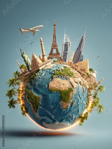 A globe filled with famous landmarks from around the world. See the Eiffel Tower, the Statue of Liberty, and modern skyscrapers. This artistic piece highlights global travel. AI