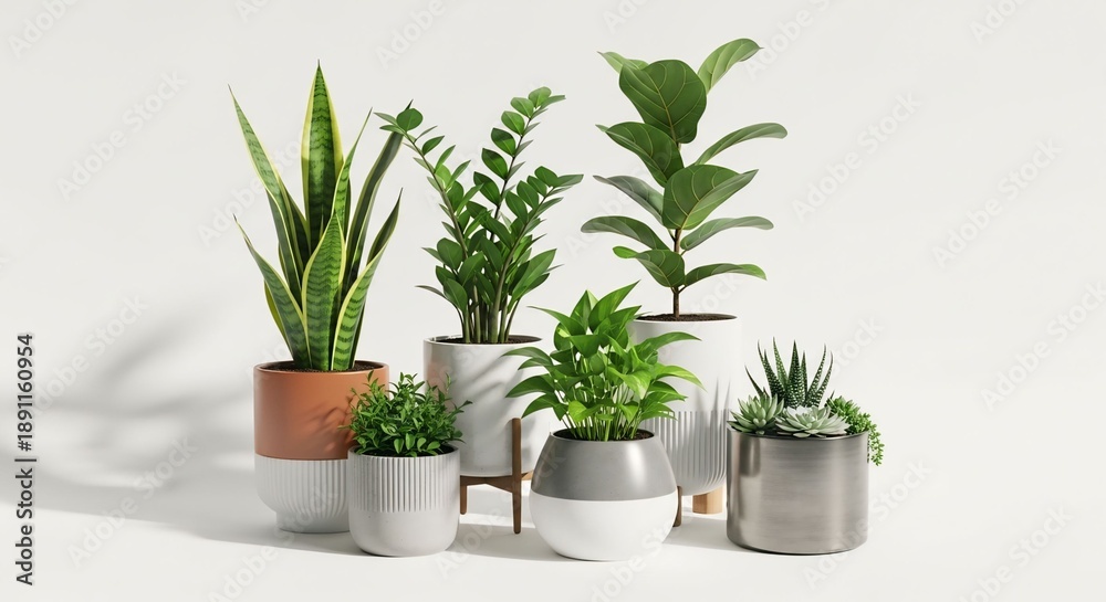 Fototapeta premium Group of various potted houseplants with lush green foliage in modern planters perfect for interior design home decor or e-commerce product display