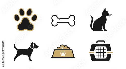 Dog cat paw bone food carrier set isolated illustration design