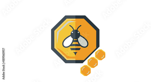 Bee illustration inside geometric shape with honeycomb elements isolated