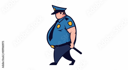 Cartoon Fat Police Officer Walking Uniform Hat Badge.