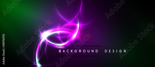 Abstract vibrant design. Purple energy swirls over green, black background. Modern digital illustration, dynamic lighting effects present.