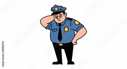 Cartoon Police Officer Feeling Stressed and Tired.