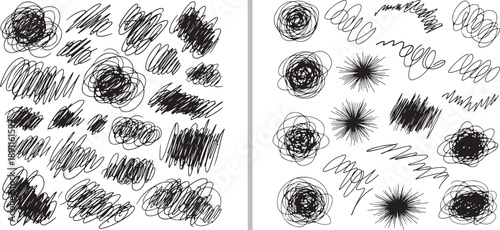 A comprehensive set of black hand-drawn vector elements featuring chaotic scribbles, tangled knots, and gritty hatch textures. Ideal for adding raw, expressive, and organic details to graphic art.