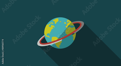 Stylized illustration of earth with orbiting ring on a dark background