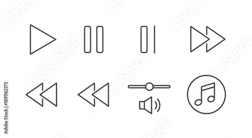 Set of minimalist music control icons on a white background design