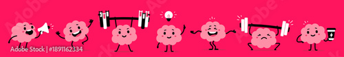 Vector set of illustration of happy brain character with barbell and megaphone. Flat doodle style design of collection of strong smile pink brain in various pose. Cute clever mind with light bulb