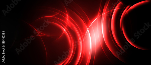 Abstract red lines, curves, glowing light create dynamic energy. Dark background emphasizes bright illumination, modern design.