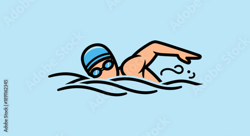 Cartoon swimmer in cap and goggles performing freestyle stroke in water