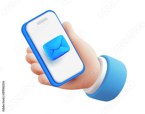 Vector illustration of smart phone in hand. 3d style design of man hand hold phone with email. Electronic gadget with massege notification. Mobile device with envelope icon. Communication technology