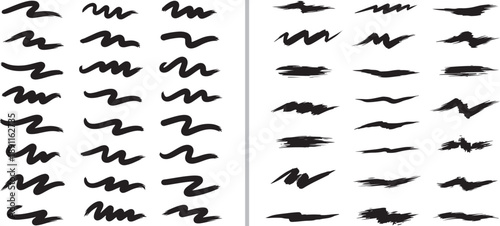 A comprehensive collection of black hand-drawn vector brush strokes featuring diverse textures, energetic scribbles, and wavy lines. Ideal for adding organic accents to digital graphic designs.