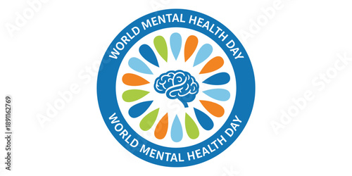 World mental health day logo with colorful teardrop shapes and brain