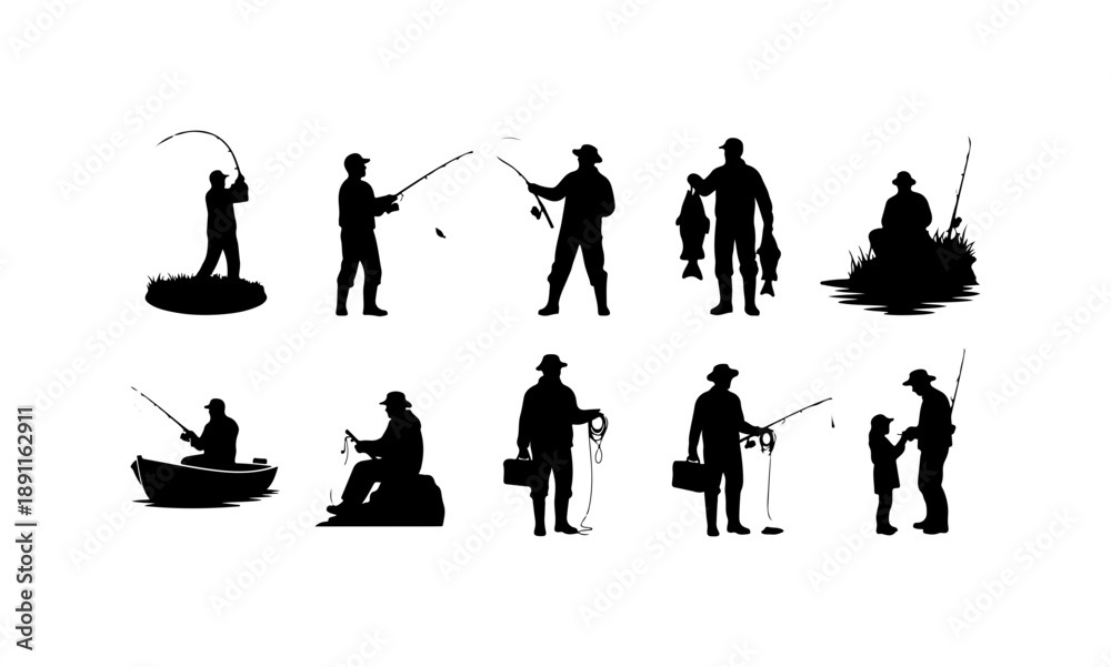 Obraz premium Silhouettes of Fishermen in Various Poses
