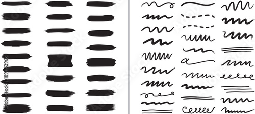A comprehensive set of black hand-drawn vector brush strokes featuring diverse textures, energetic scribbles, and wavy lines. Ideal for adding organic, artistic accents to digital graphic designs.