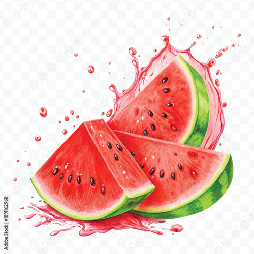realistic fresh watermelon slices fruit with red Juice  splash in different style isolated on transparent background